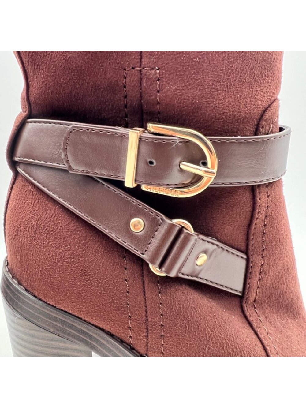 Tommy Hilfiger Brown Suede Ankle Boots Womens Size 8.5M Gold Buckles Block Heel - Picture 11 of 16